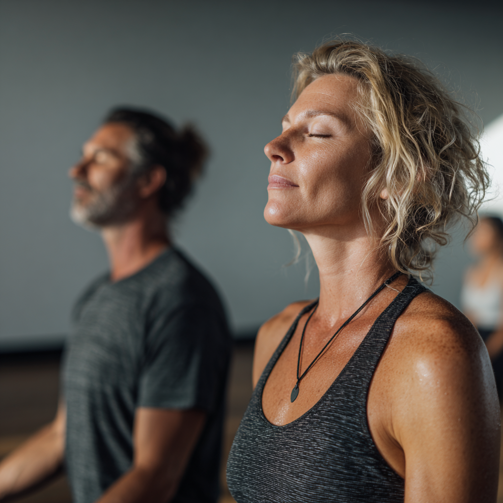 Diverse group of Ukrainian adults of different ages practicing breathing exercises together in a bright, peaceful yoga studio