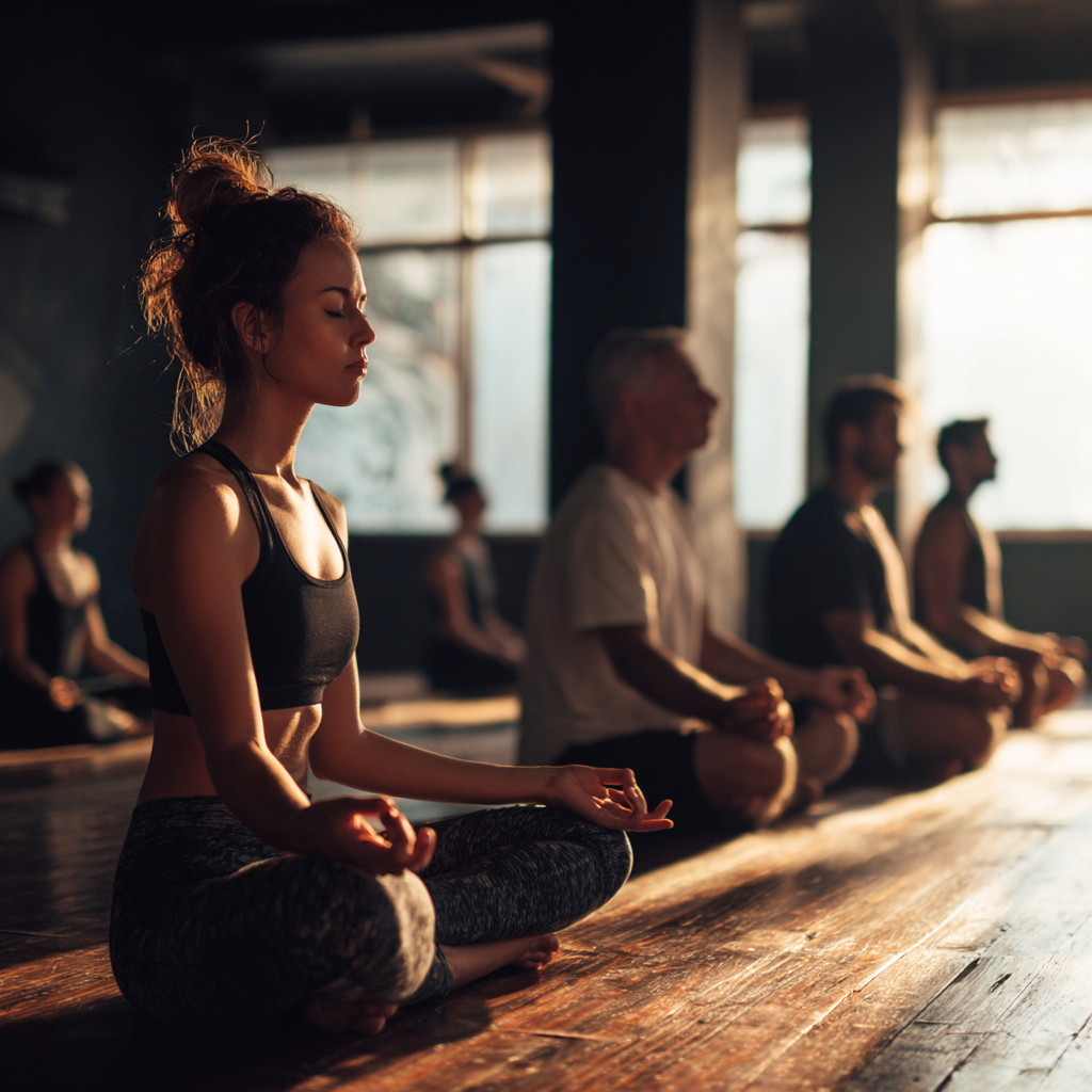 Ukrainian adults of various ages demonstrating proper posture and spinal alignment during yoga practice in a natural, supportive environment